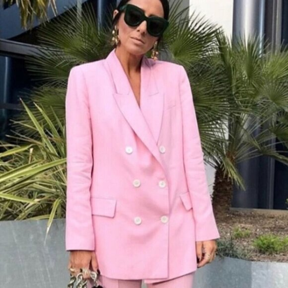 Zara Oversized Pink Double Breasted Blazer Jacket - Size: Large - Picture 1 of 14